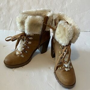Guess jursey M tan heels boots with fur Sz 8M